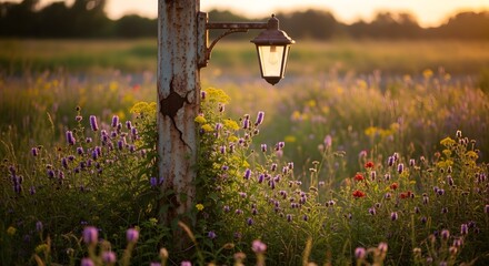 A vintage street lamp standing amidst a colorful wildflower field during sunset, creating a peaceful and picturesque scene in nature