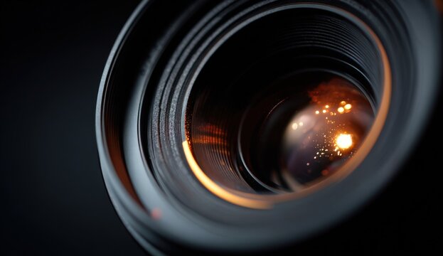 Close-up view of a professional camera lens showcasing intricate details, reflections, and textures, emphasizing the art of photography and capturing moments with precision and clarity