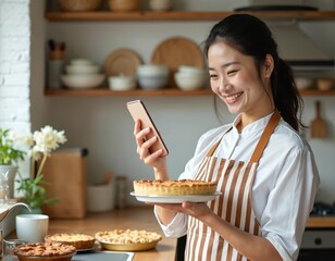 Smiling woman chef holds pie, smartphone live streaming her baking in kitchen. Female vlogger shares cooking tips, promotes homemade desserts for online sales. Happy cook smiles, shows pastry recipe.