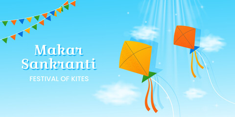 Happy Makar Sankranti banner with bright kites flying in blue sunny sky. Indian festive design for celebration, harvest and traditional cultural holiday greeting. Horizontal vector illustration