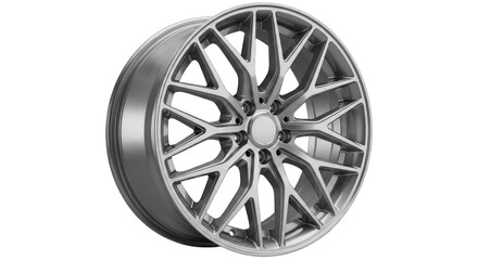 Obraz premium Polished Silver Alloy Wheel with Intricate Spoke Design and Shiny Metallic Finish isolated on a Transparent Background showcasing Automotive Craftsmanship and Modern Engineering Aesthetics