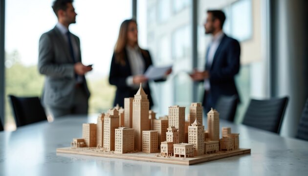 Business team discusses real estate model in modern boardroom. Board members review property portfolio investment plans. Professionals analyze city skyline design at meeting. Real estate developers