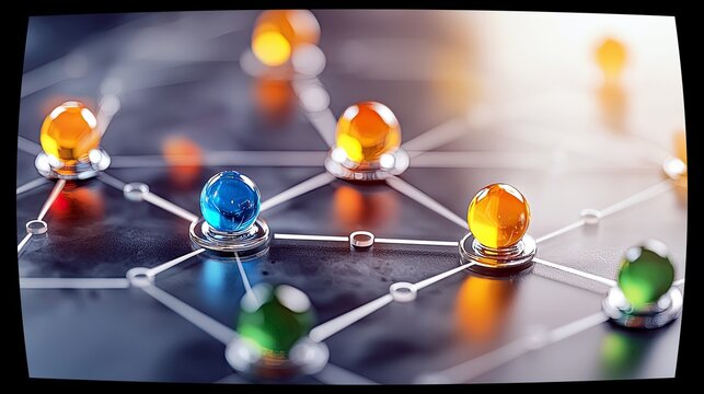 Colorful glass spheres are connected by lines on a dark, textured surface, representing a network or system.