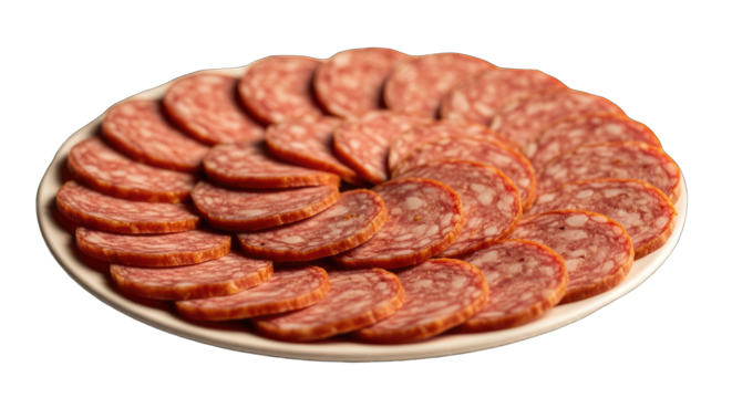 Platter of Sliced Cured Sausage and Salumi Arranged in a Circular Pattern on a White Plate with a Dark Background