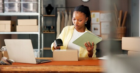 Black woman, scan box and tablet for supply chain, delivery information and shipping at startup. African person, logistics and barcode with package, distribution and app for inventory management