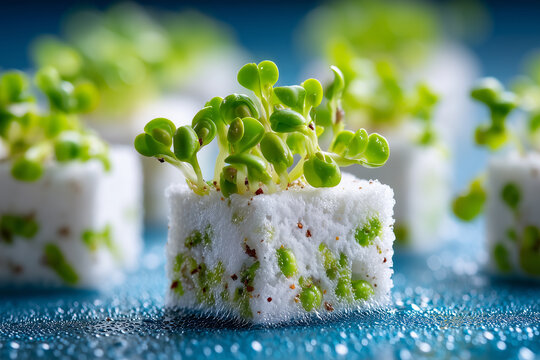 Close-up hydroponic foam cubes with tiny sprouting seeds, soft LED glow, futuristic indoor farm,