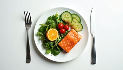 Plate with salmon fillet, green salad, cherry tomatoes, orange slice, and cucumber. Utensils present for a healthy meal. This food presentation fits intermittent fasting or balanced diet concepts.