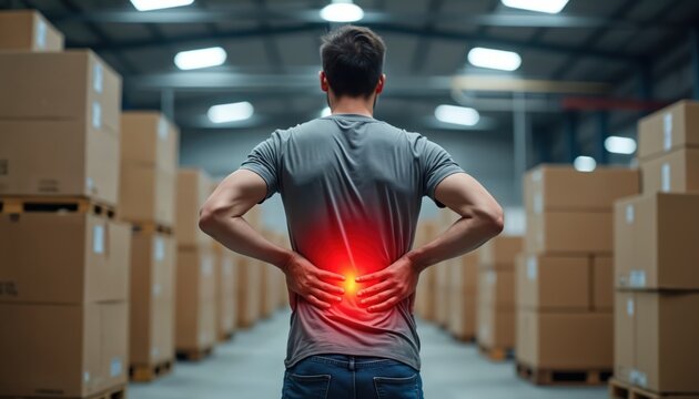 Man has back ache in warehouse. Worker suffers from backpain holds lower back with hands. Male employee in gray shirt, jeans feels lumbar discomfort. Boxes stacked on pallets in factory aisle. - Powered by Adobe