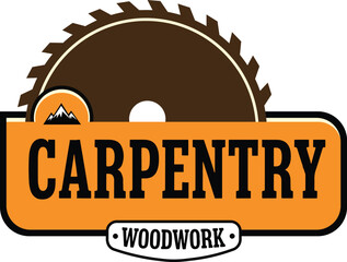 Carpentry and woodwork logo with saw blade icon and mountain detail, representing craftsmanship and construction trades