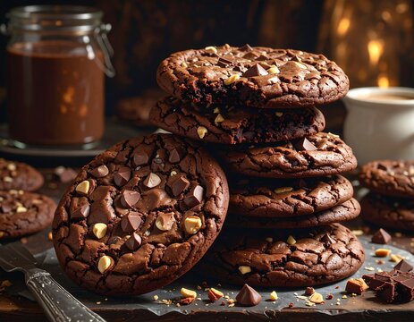 Close-up of stacked, rich, chocolate cookies on a wooden surface with a glass jar of chocolate and a white mug in the backdrop - Powered by Adobe