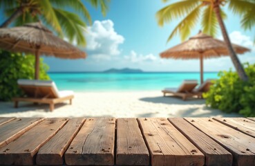 Fototapeta premium Wooden planks in foreground face tropical beach scene with loungers, umbrellas. Clear blue sky above bright turquoise ocean water, white sand invite repose. Palm trees offer shade near green foliage