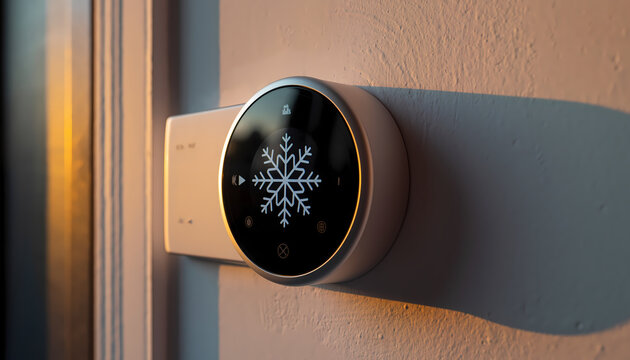 Smart thermostat displaying snowflake icon for cooling system, energy efficiency and home automation, modern climate control technology for summer comfort
