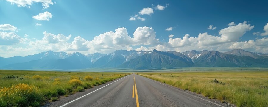 Empty asphalt highway stretches through grassy fields towards distant snow capped mountains under bright blue sky with fluffy clouds. Scenic rural landscape invites travel, exploration on sunny day.