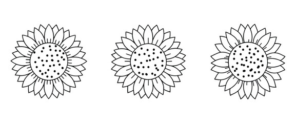 Set of Three Outline Sunflower Blossom Illustrations for Nature Decor