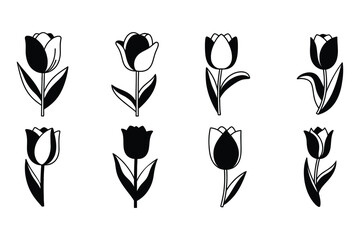 Diverse Black and White Tulip Flower Graphic Silhouettes and Illustrations Set