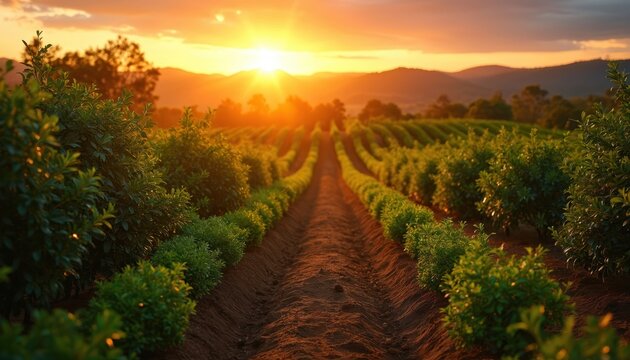 Sunset view over macadamia nut plantation. Rows of green bushes stretch to the horizon. Scenic farmland at golden hour. Agriculture harvest concept. Countryside landscape photo.