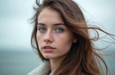 Fototapeta premium Close up of young woman with long brown hair blowing in wind. Girl with blue eyes looks at camera. She looks sad. Hair is curly and blowing. Sea in background.