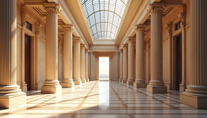 Illustration of neoclassical architecture museum hall. Long corridor with columns, arches. Interior design light, shadows. Elegant building evokes art, history. Image used for various projects.