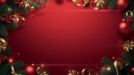 
&ldquo;Elegant Christmas backdrop in deep red and green featuring glossy ornaments, gold ribbons, pine branches, and subtle glowing light trails. Smooth luxury gradient with a wide empty center for message