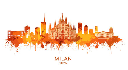 Naklejka premium Milan city skyline illustration with orange watercolor splashes 