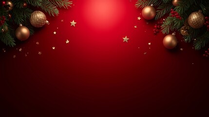 Dark red Christmas background with deep green pine leaves, golden ornaments, and cinematic lighting. Subtle sparkles create an atmospheric glow. Spacious blank area in the lower third for copy space. 