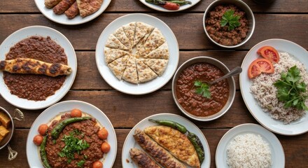 Overhead shot of a wooden table laden with various cooked dishes, breads, and sides
