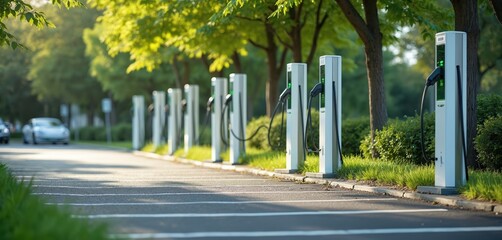 Electric vehicle charging station in parking lot with white pillars, green lights. Cars park near trees, grass. Charging points for eco friendly transport. Electric cars recharge at urban station.