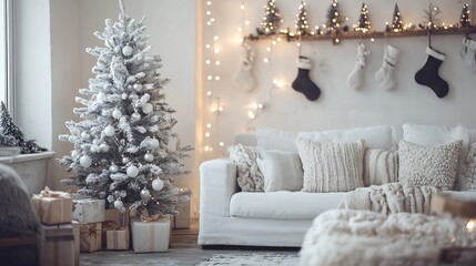 Minimalist modern Christmas interior Scandinavian decor white tree soft lighting cozy winter vibes stylish home photography