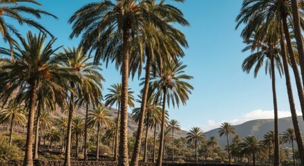 Obraz premium Palm trees sway against a blue sky, with mountains in the distance, creating a scenic vista