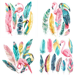 Obraz premium Vibrant watercolor tropical feathers with flamingo and toucan accents. Exotic jungle palette for summer branding, party graphics, and travel accessories.