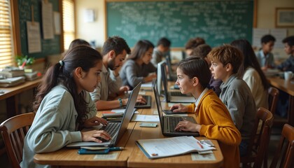 Students study with laptop in classroom. Young girls learn together using computer. Academic lesson with children group in class. Education concept with kids and notebook at school.