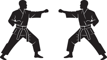 Karate silhouettes facing off in a dynamic combat stance, showcasing martial arts discipline and training vector art