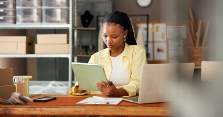 Ecommerce, woman and reading with tablet for small business, fashion sales or stock update. Online...