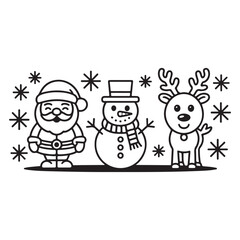 Christmas Line Art, Santa Snowman Reindeer Illustration, Holiday Digital Print, SVG Sublimation Design, Cricut Cut File Download