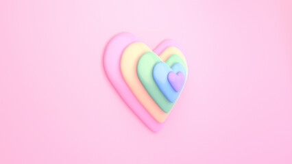 3D render rainbow heart on pink background.