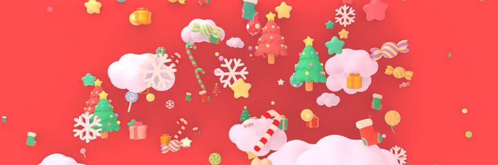 3D render cute Christmas ornaments and clouds sky.