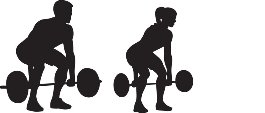 Man and woman weightlifting silhouettes, flat vector illustration, deadlifting barbells, showcasing strength training, fitness, and gym workout routines isolated on a white background.