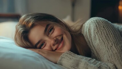 A young woman rests her head on her hands in a softly lit bedroom, exuding tranquility and introspective peace.