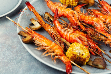 Tasty langoustines shrimp kabobs grilled.