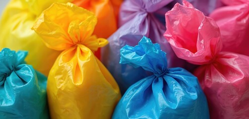 Colorful plastic bags in various shades. Crumpled bags in blue, yellow, pink, purple, and orange hues. Plastic bag free day concept. Environmental issue of disposable bags.