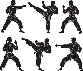 Six dynamic martial arts practitioner silhouettes set vector art design in various karate stances and poses, showing action and combat training  © designworld24x7