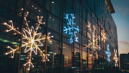 Festive holiday spirit shines with vibrant snowflake lights adorning a modern building, creating a magical winter wonderland cityscape at dusk
