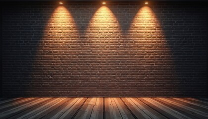 Empty room features brick wall with three bright spotlights illuminating textured surface. Rough wooden floor planks create rustic, vintage industrial look. Dark stage set background supports product