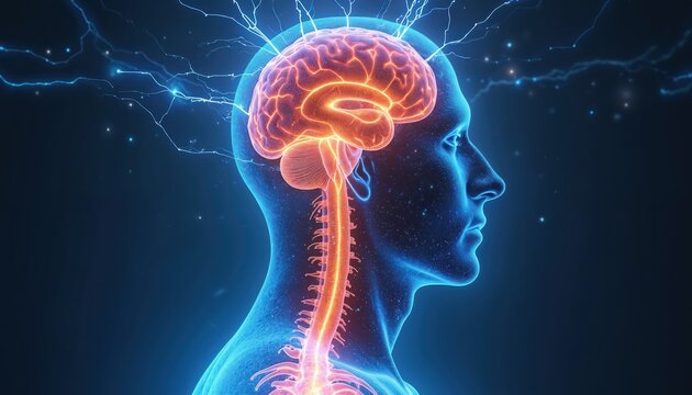 Human head and spinal cord with glowing brain and nervous system. Blue silhouette of a man with highlighted orange neural pathways and electrical impulses around head.