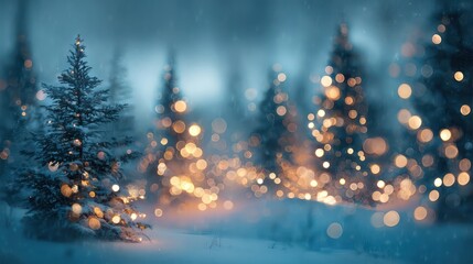 Naklejka premium Enchanting winter forest scene with glowing fairy lights illuminating snow covered evergreen trees at twilight