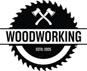 Woodworking logo with crossed axes and saw blade carpentry
