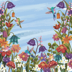 Cute humming bird in colorful flower and leaf frame on blue background