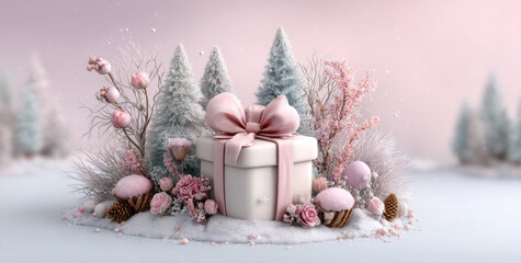 Whimsical pastel Christmas scene with snowy trees, pink present, and fantasy flora
