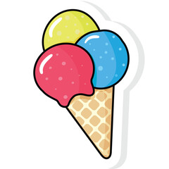 Pixel Art Ice Cream Cone With Three Scoops Of Yellow Blue And Red Flavors On A Transparent Background With A White Border