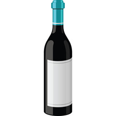 Pixel Art Illustration of a Tall Black Glass Wine Bottle with a Teal Cap and Blank White Label on a Transparent Background Representing a Beverage or Alcohol Product